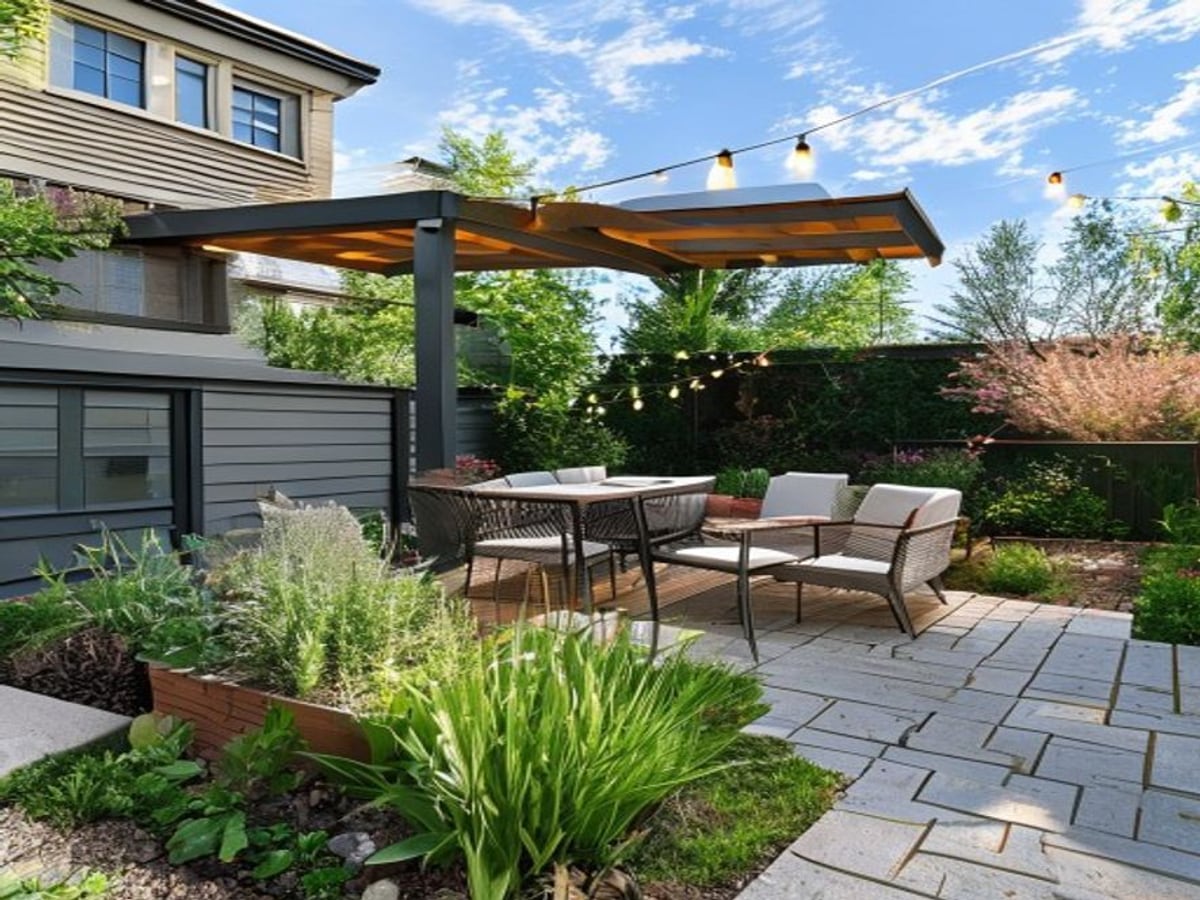 AI backyard design concept with patio, seating, path, and planting