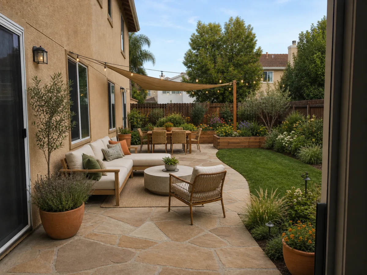 Same backyard reimagined as a landscaped outdoor living space