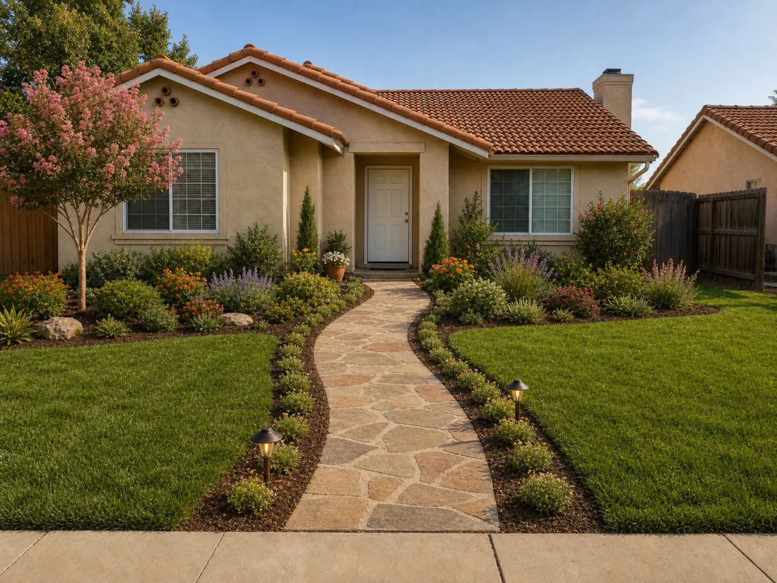 Same front yard reimagined with layered planting and a clearer entry path