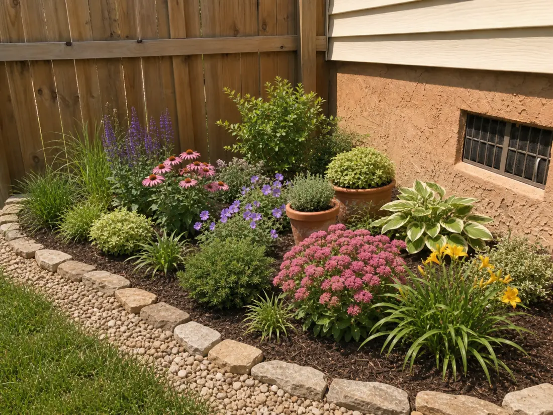 Same garden bed reimagined with layered, low-maintenance planting